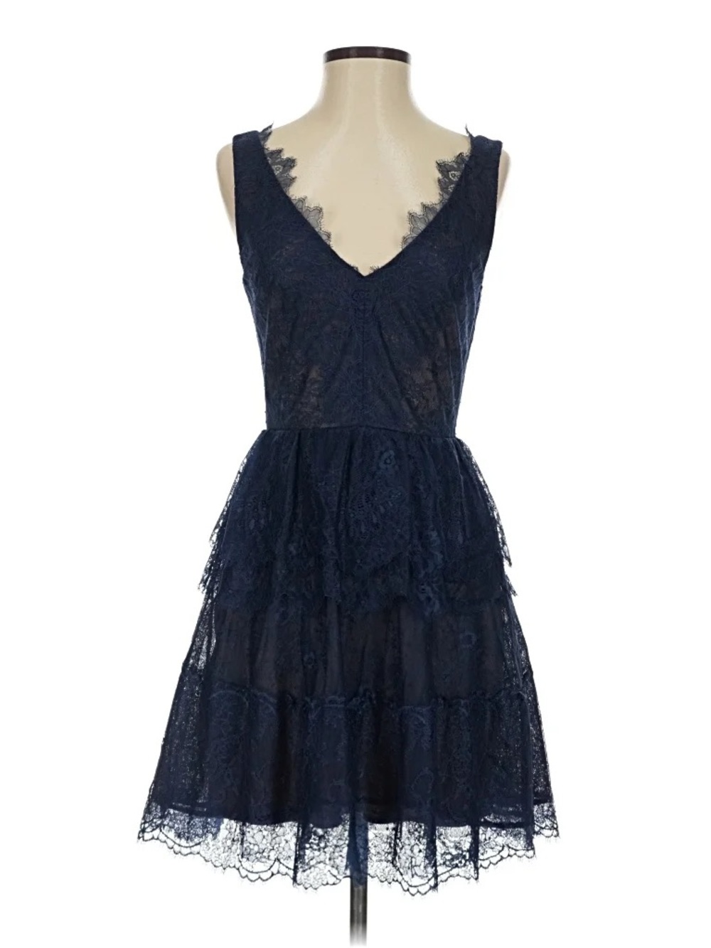 BCBGMaxAzria Navy Lace Tiered V-Neck Midi Dress